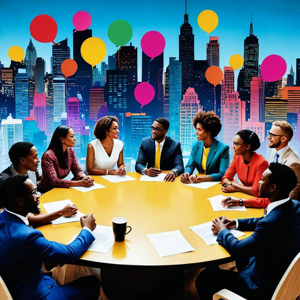 An engaging scene depicting a diverse group of people animatedly discussing around a large round table, with colorful speech balloons showcasing their ideas. In the background, a transparent overlay of a city skyline symbolizes public engagement. The image should evoke a sense of unity and collaboration, highlighting the transformation from dialogue to actionable plans. vibrant colors. super-realistic.