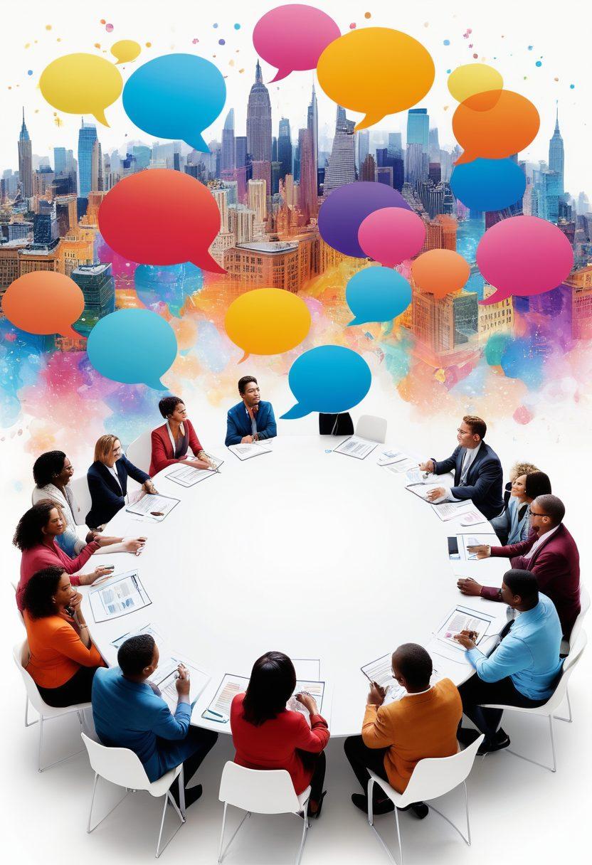 A vibrant roundtable discussion featuring diverse individuals sharing ideas, with colorful thought bubbles illustrating their insights. In the background, a cityscape representing dynamic public discourse and community engagement. The atmosphere is lively and collaborative, emphasizing the power of collective insights. super-realistic. vibrant colors. white background.