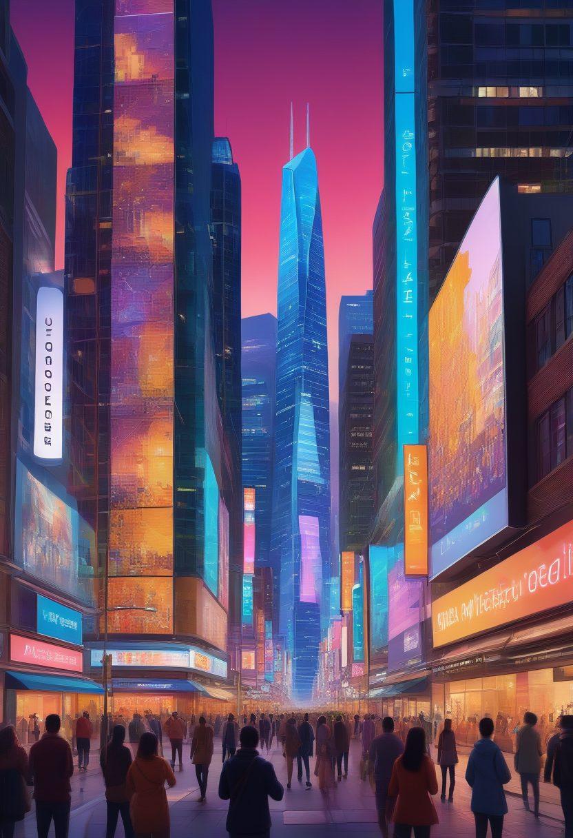 A vibrant cityscape filled with diverse people engaging in discussions about technology and community. Include digital screens displaying narrative stories and maps connecting various neighborhoods. Showcase a blend of modern and traditional architecture to reflect the past and future of public discourse. Incorporate bright colors and a sense of movement to symbolize communication and connection. super-realistic. vibrant colors. 3D.